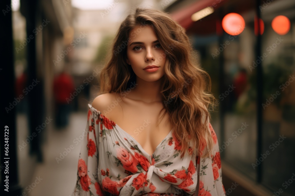 Portrait of a beautiful girl with long curly hair in a blouse.