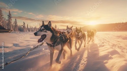 Dog sled team racing along a frozen river at sunrise, with the soft glow of morning light illuminating the snowy scene and casting long shadows behind the speeding sled.