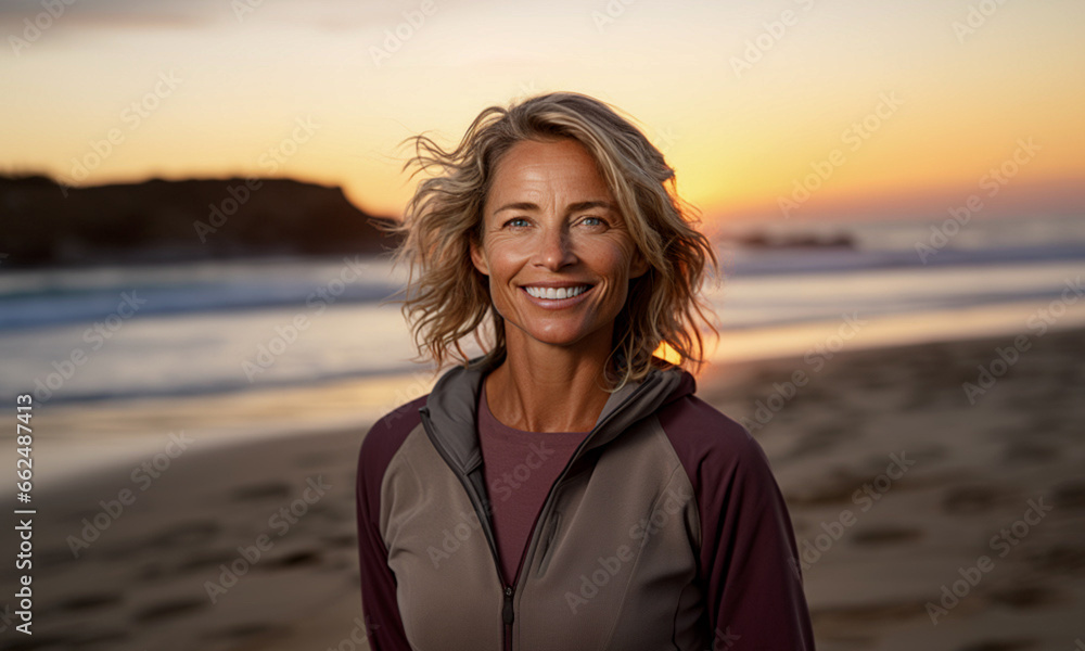 Smiling middle-aged woman with white hair looking at camera on the beach during a sunset excursion Smiling middle-aged woman with white hair looking at camera on the beach during a sunset excursion