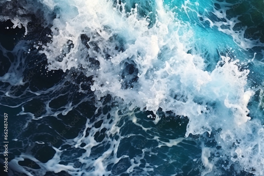 Sea wave with foam, top view. Blue ocean wave background. Close up view of ocean water surface. Sea wave texture