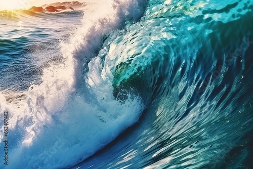 Blue ocean wave close-up. Beautiful nature background. Blue ocean wave with big splash. 3d rendering and illustration. Soft focus.