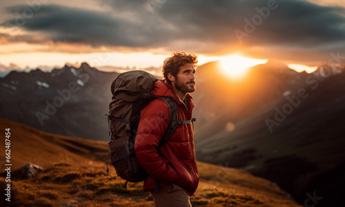 Young Caucasian man hiker with backpack in the mountains during a sunset