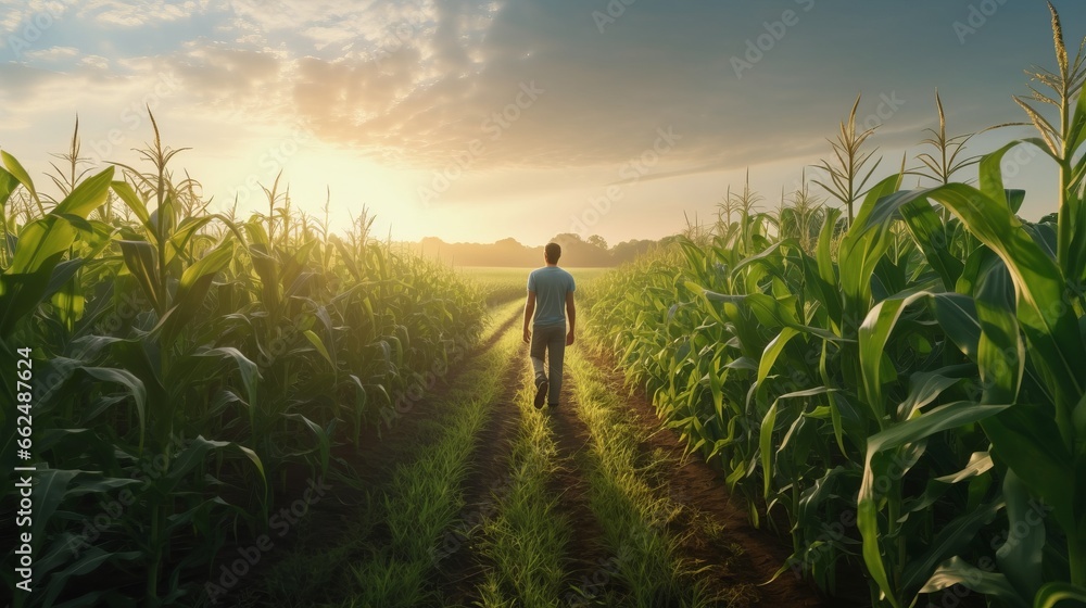 Fototapeta premium A man walking through a picturesque cornfield at sunset