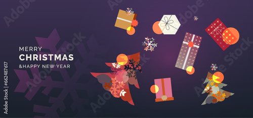 merry christmas and happy new year greeting card. xmas design with beautiful tree and gifts. i̇llustration concept for invitation, background, website banner, poster, social media, marketing material.