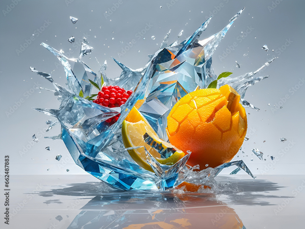 Fototapeta premium Tropical fruits suspended in frozen ice splash crystals. Ideal for food, freshness, and exotic concepts, emphasizing the essence of natural refreshment.