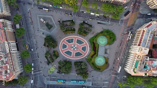Aerial view of Catalonia Square in Barcelona, Spain. This square is considered to be the city center and some of the most important streets meet there