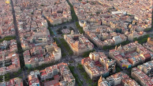 Aerial view of Catalonia Square in Barcelona, Spain. This square is considered to be the city center and some of the most important streets meet there