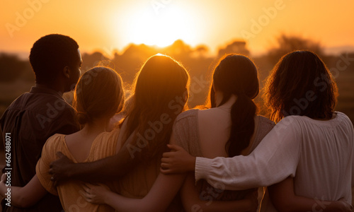 Group of diverse friends back to back hugging during a sunset in nature