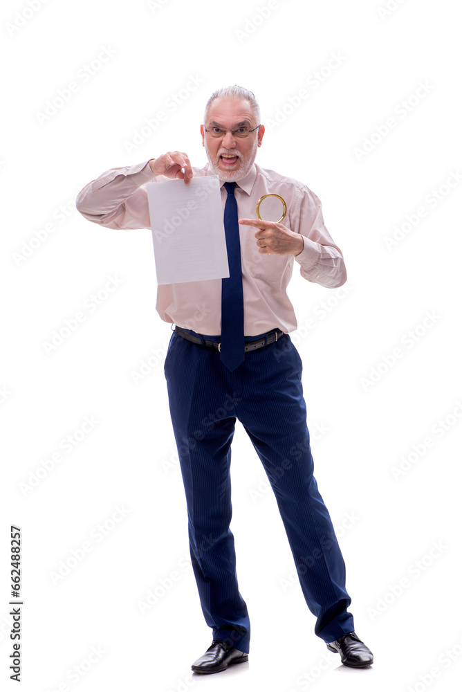 Old businessman holding loupe isolated on white Old businessman holding loupe isolated on white