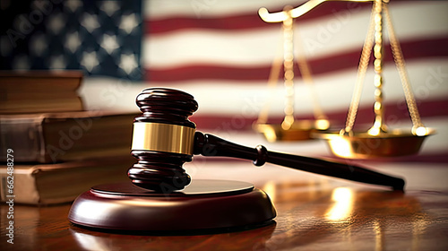 Judge gavel and USA flag as background photo