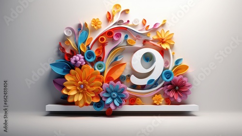 number nine surrounded by flowers, generative AI photo