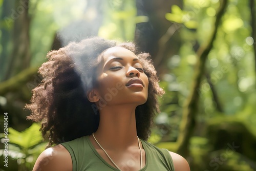 Fototapeta Naklejka Na Ścianę i Meble -  african woman breathes fresh air in the forest