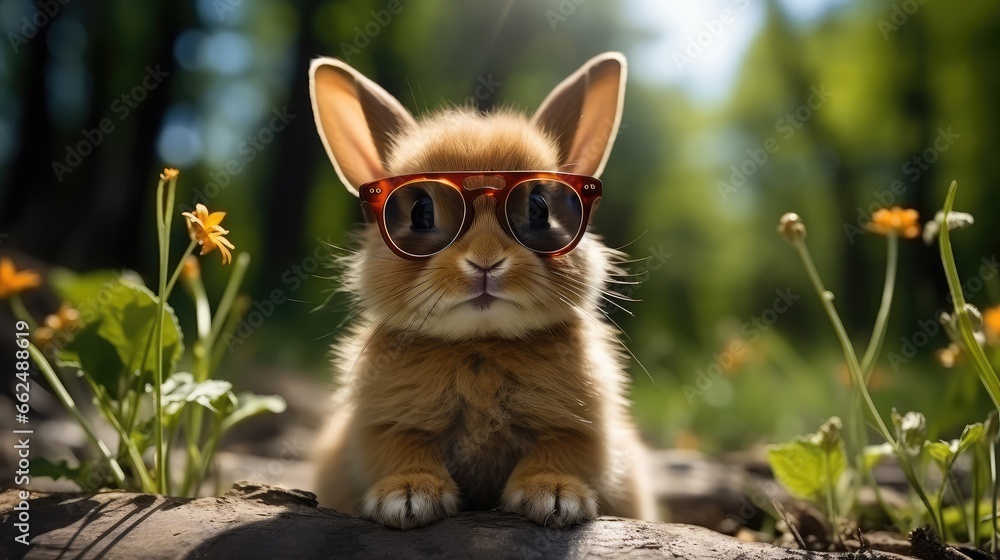 Rabbit with glasses in a forest, generative AI