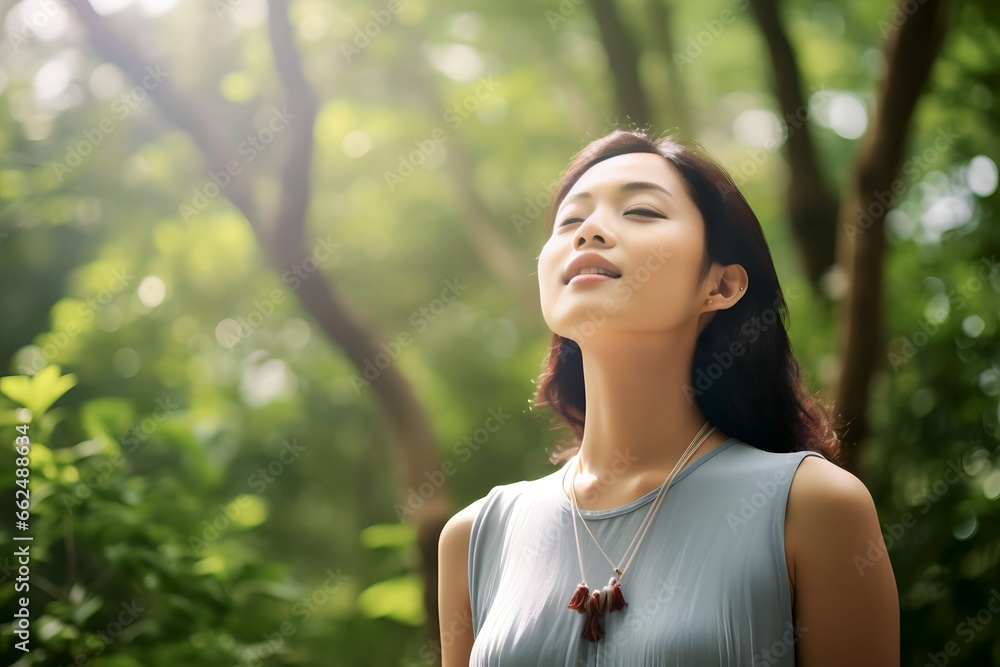 asian woman breathes fresh air in the forest asian woman breathes fresh air in the forest