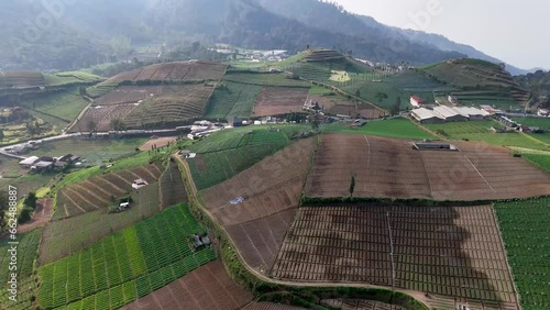 Rice terraces with workers ploughing the fields revealing surreal landscape, drone fly over sliced layers of multi colored paddy fields sculptures to the hill side valley of malang, Indonesia photo