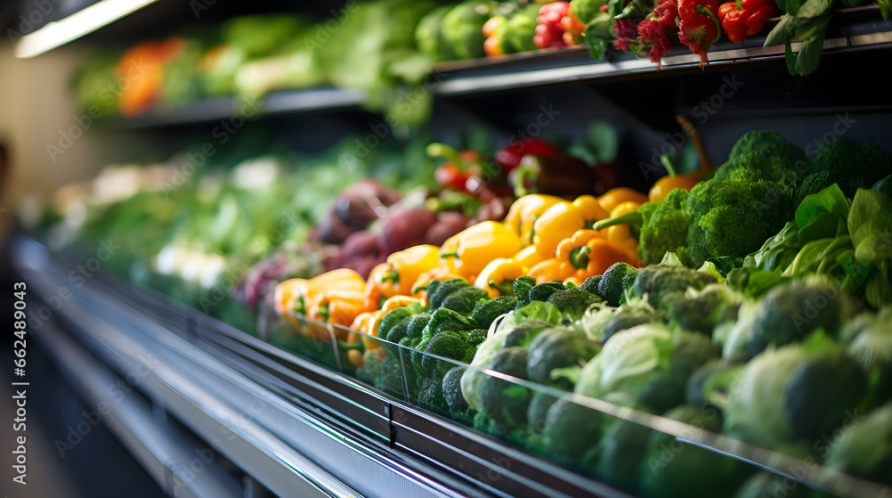 Fruits and vegetables in the refrigerated shelf of a supermarket