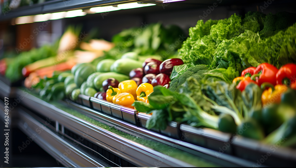Fruits and vegetables in the refrigerated shelf of a supermarket Fruits and vegetables in the refrigerated shelf of a supermarket