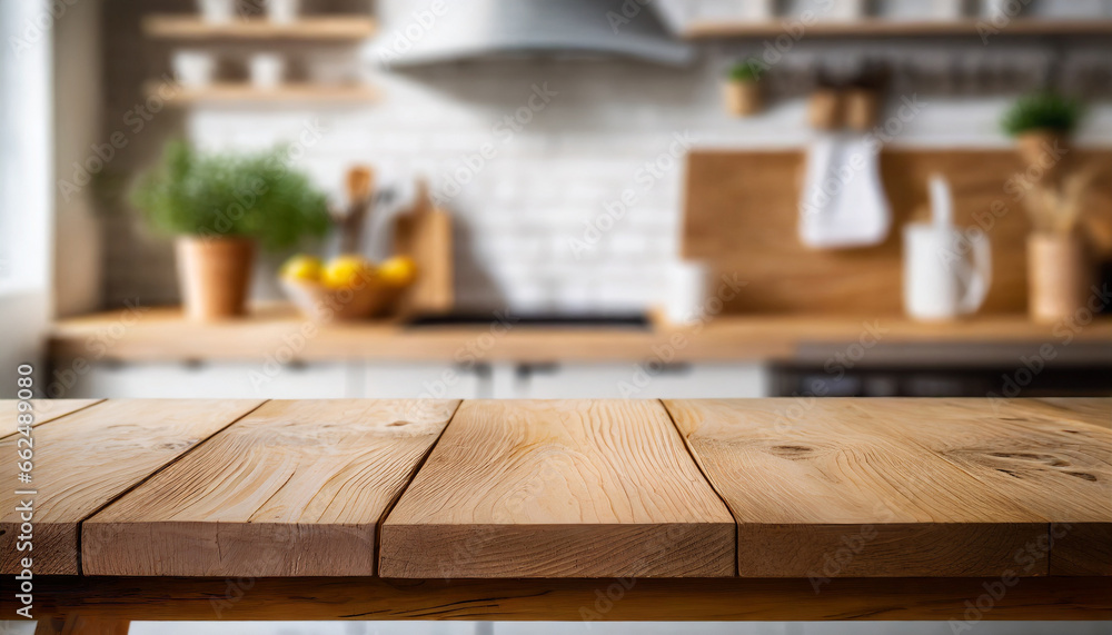 Wooden table on blurred kitchen bench background. Empty wooden table and blurred kitchen backgrounds, white wall in the back Wooden table on blurred kitchen bench background. Empty wooden table and blurred kitchen backgrounds, white wall in the back