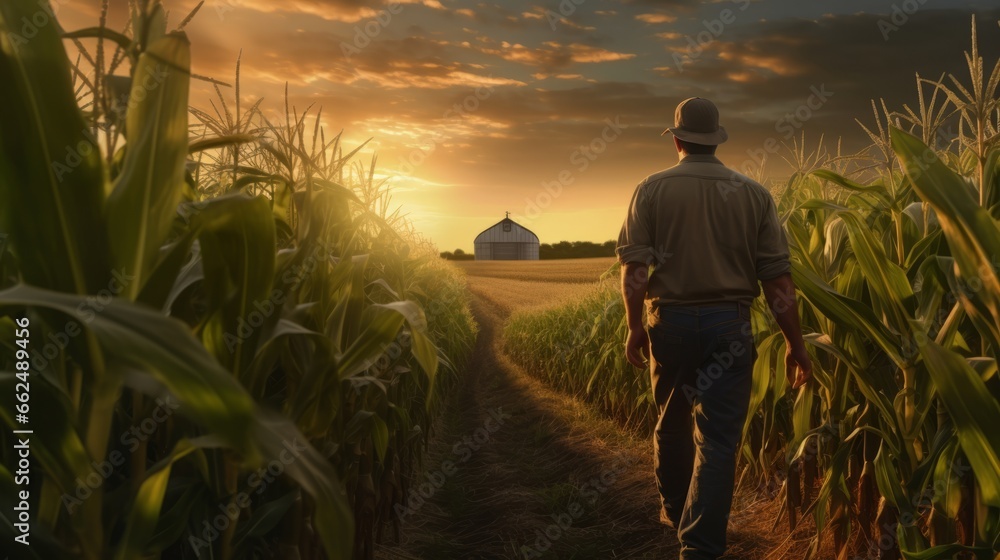 Fototapeta premium Photo of a man walking through a corn field at sunset