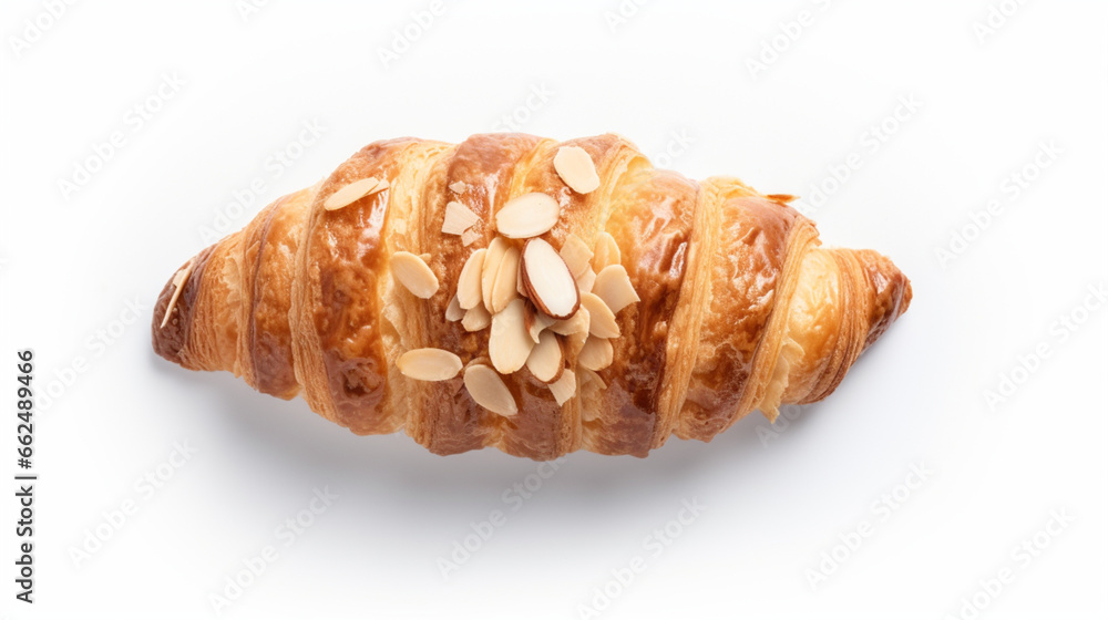 Top view fresh almond croissant with white background and natural light for product presentation. Created using generative AI.