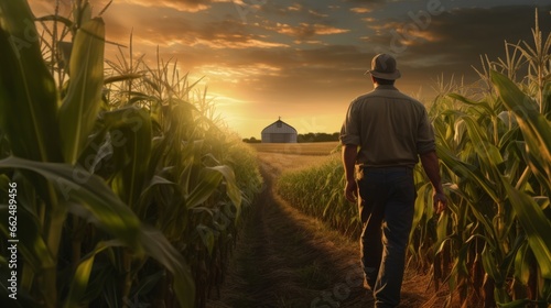 Photo of a man walking through a corn field at sunset