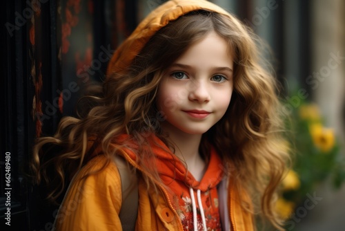 Portrait of a beautiful little girl with long curly hair in an orange coat.