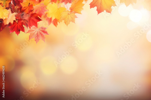 Fall maple leaves on autumn blurred background in golden hour, with copy space