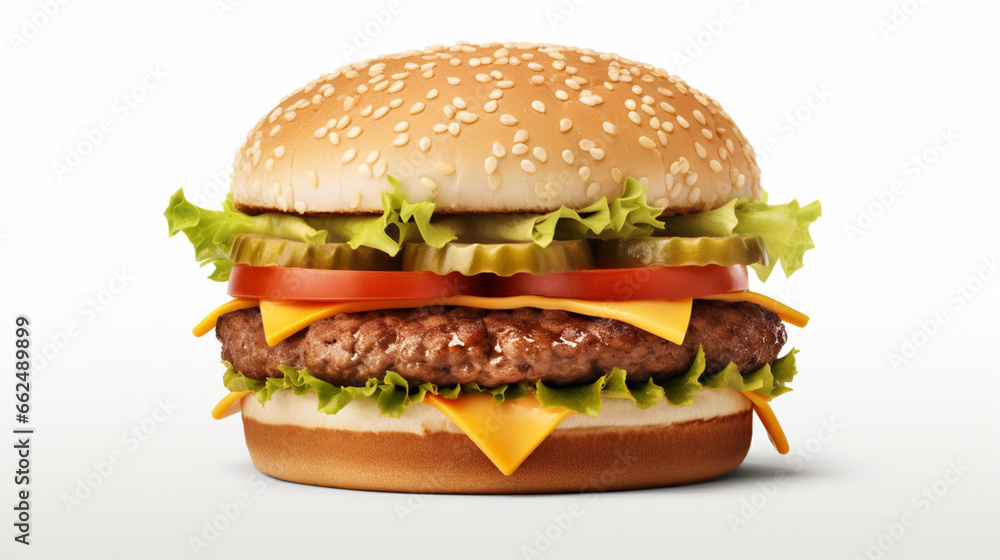 Front view fragrant cheese burger with plain white background and warm light for advertise and presentation. Created using generative AI. Front view fragrant cheese burger with plain white background and warm light for advertise and presentation. Created using generative AI.