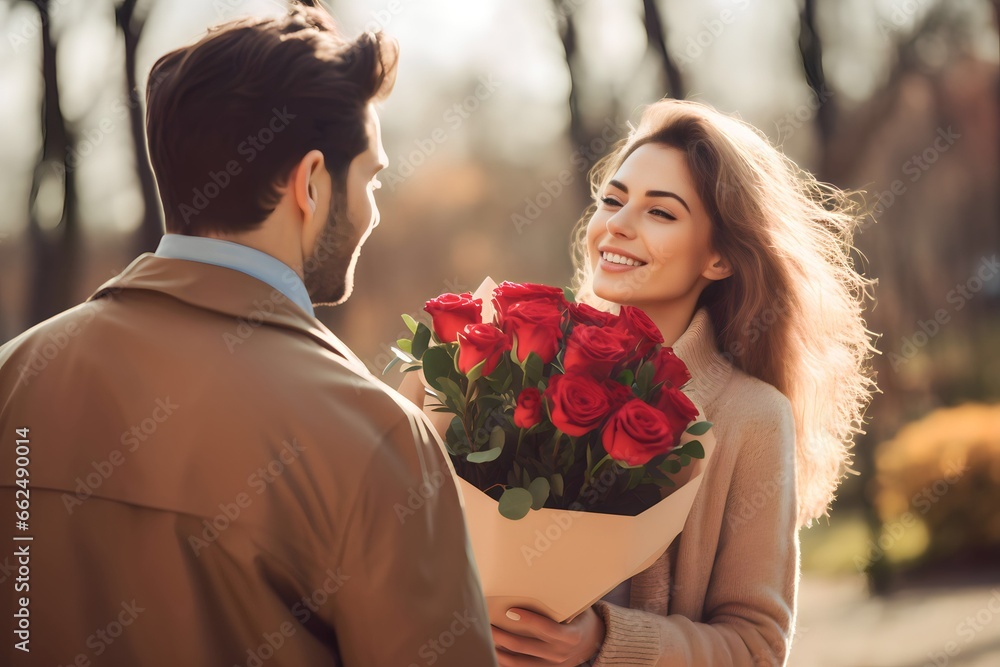 couple falls in love, man gives a bouquet of flowers and a gift to a woman couple falls in love, man gives a bouquet of flowers and a gift to a woman