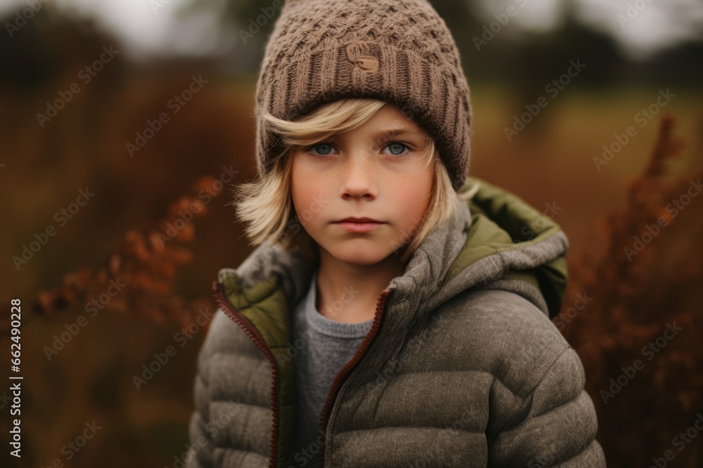 Portrait of a little boy in a knitted hat and coat in the autumn park Portrait of a little boy in a knitted hat and coat in the autumn park