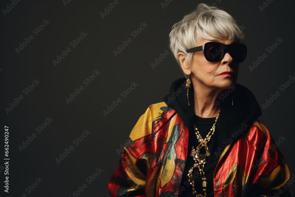 Fashionable senior woman in sunglasses. Beauty, fashion. Studio shot. Fashionable senior woman in sunglasses. Beauty, fashion. Studio shot.