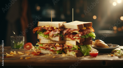 Fragrant Club sandwich on the table with kitchen background and morning sunrise. Created using generative AI.