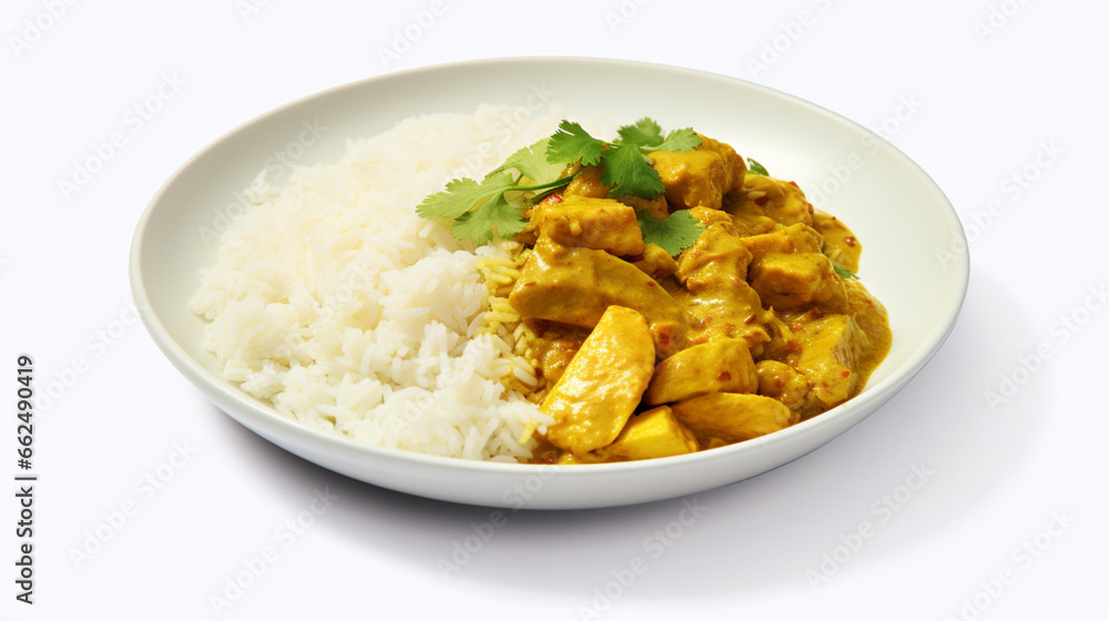 Front view fragrant curry and rice with plain white background and warm light for advertise and presentation. Created using generative AI.