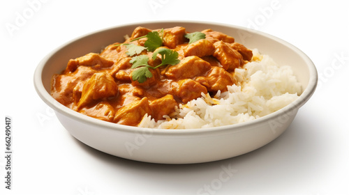 Front view fresh pork curry and rice with clear white background and spotlight for product presentation. Created using generative AI.