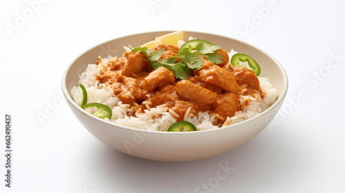 Front view fresh beef curry and rice with white background and warm light for product presentation. Created using generative AI.
