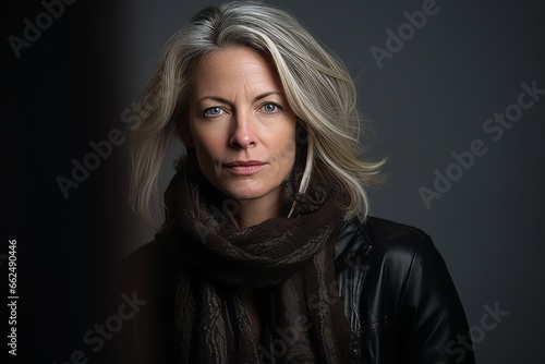 Portrait of a beautiful middle-aged woman wearing a scarf.