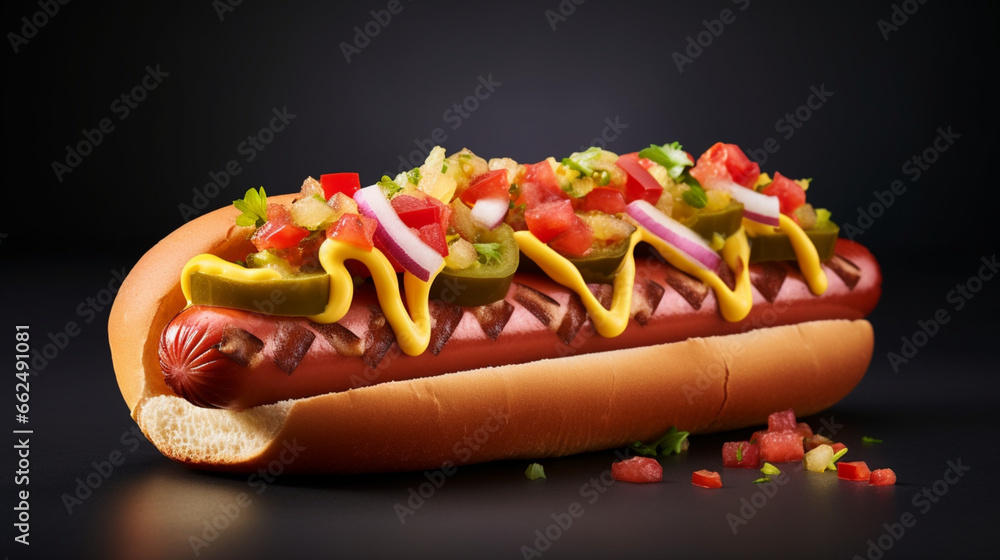 Front view fragrant hot dog bun with black background and spotlight for advertise and presentation. Created using generative AI. Front view fragrant hot dog bun with black background and spotlight for advertise and presentation. Created using generative AI.