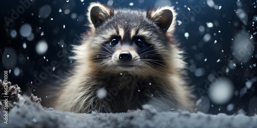Winter Delight, Playful Raccoon Surrounded by Falling Snowflakes