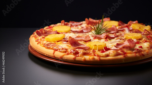 Front view fragrant hawaiian pizza with black background and spotlight for advertise and presentation. Created using generative AI.