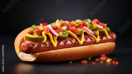 Front view fragrant hot dog bun with black background and spotlight for advertise and presentation. Created using generative AI.