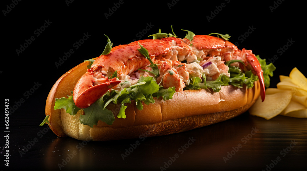 Front view fragrant lobster roll and chips with plain black background and warm light for advertise and presentation. Created using generative AI.