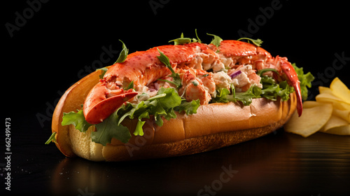 Front view fragrant lobster roll and chips with plain black background and warm light for advertise and presentation. Created using generative AI.