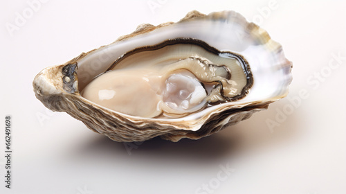 Front view fragrant raw oyster with plain white background and warm light for advertise and presentation. Created using generative AI.
