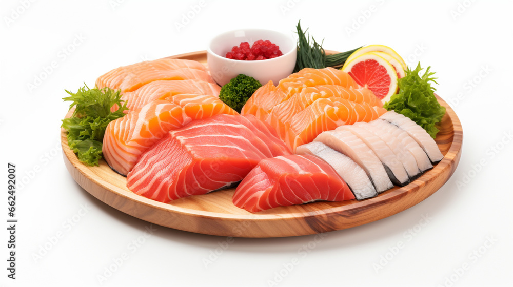 Front view fresh Sashimi and fillet with clear white background and spotlight for product presentation. Created using generative AI. Front view fresh Sashimi and fillet with clear white background and spotlight for product presentation. Created using generative AI.