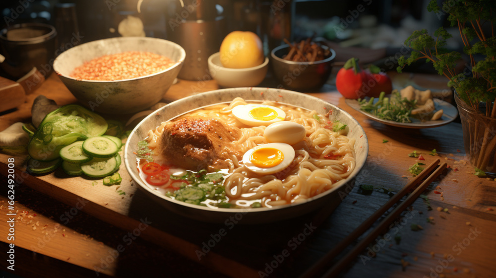 Shio ramen on the table and kitchen background with sunny rays for advertise. Created using generative AI. Shio ramen on the table and kitchen background with sunny rays for advertise. Created using generative AI.