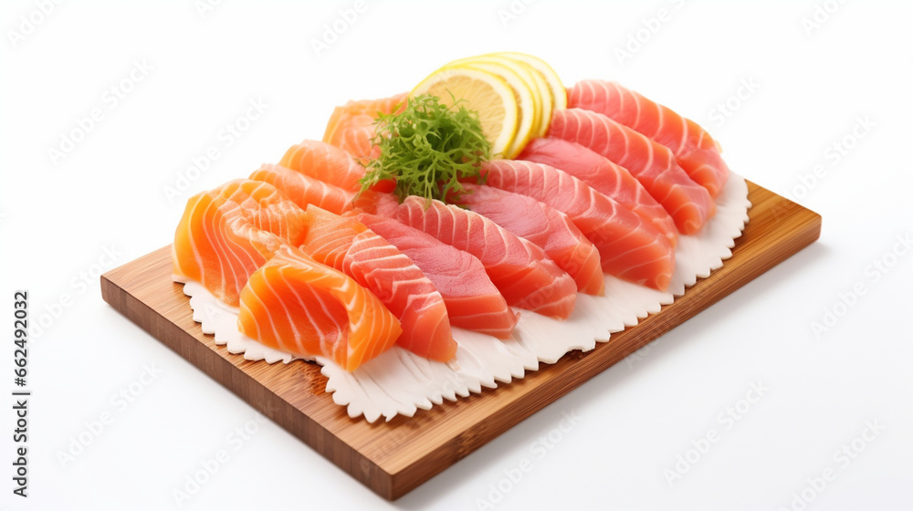 Front view Japanese Salmon and MaguroSashimi with plain white background and warm light for advertise and presentation. Created using generative AI. Front view Japanese Salmon and MaguroSashimi with plain white background and warm light for advertise and presentation. Created using generative AI.