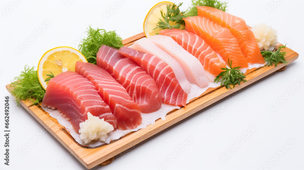 Front view fresh Salmon maguro and tai fillet with clear white background and spotlight for product presentation. Created using generative AI. Front view fresh Salmon maguro and tai fillet with clear white background and spotlight for product presentation. Created using generative AI.
