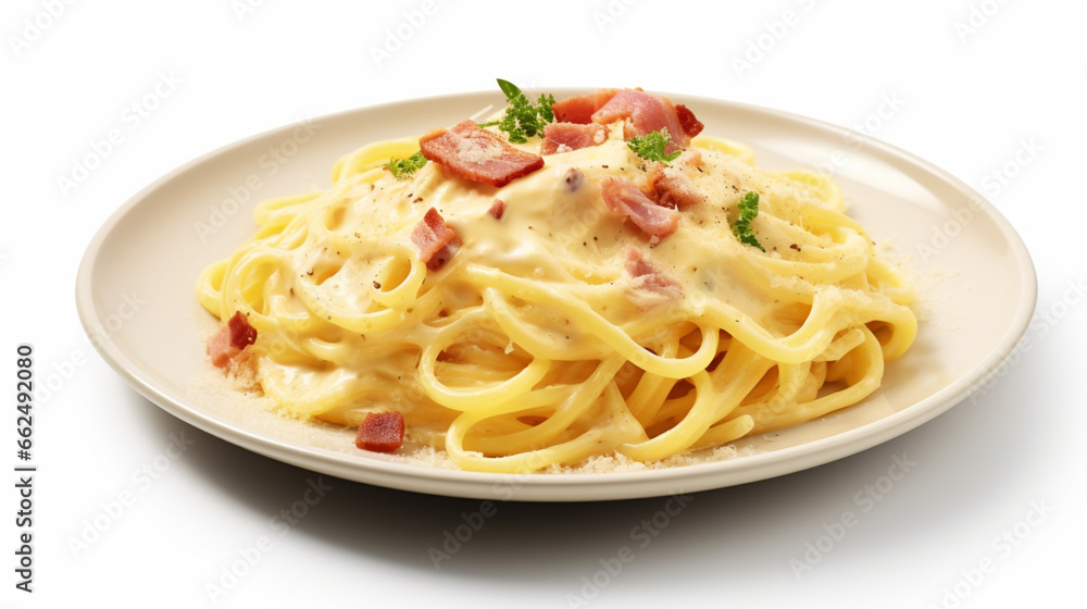 Front view fresh Spaghetti carbonara with white background and warm light for product presentation. Created using generative AI.