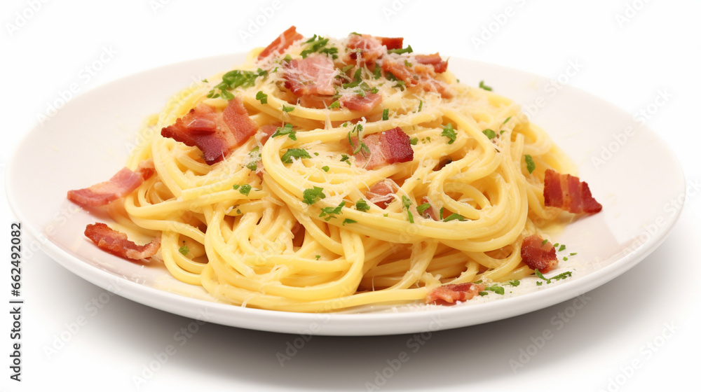 Front view fragrant Spaghetti carbonara with plain white background and warm light for advertise and presentation. Created using generative AI. Front view fragrant Spaghetti carbonara with plain white background and warm light for advertise and presentation. Created using generative AI.