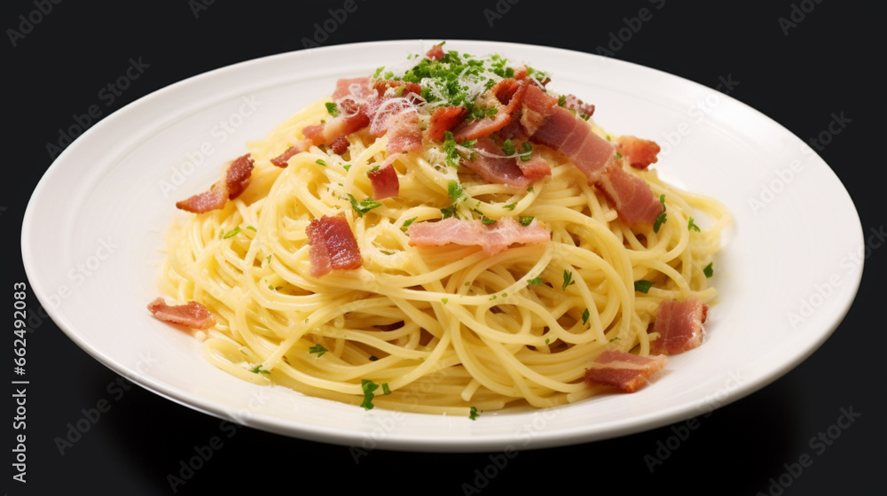Top view fresh Spaghetti carbonara with clear black background and spotlight for product presentation. Created using generative AI. Top view fresh Spaghetti carbonara with clear black background and spotlight for product presentation. Created using generative AI.